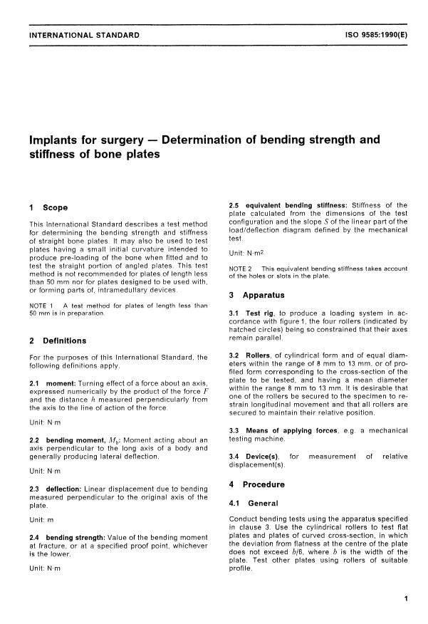 ISO 9585:1990 - Implants for surgery -- Determination of bending strength and stiffness of bone plates