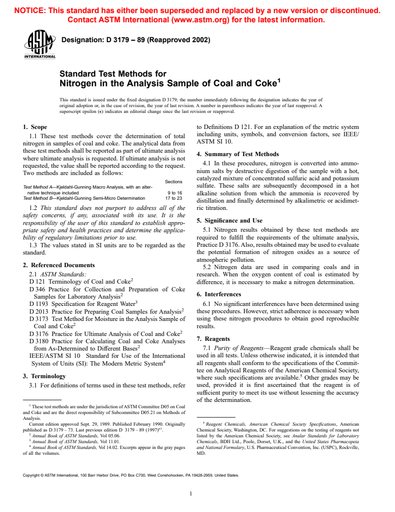 ASTM D3179-89(2002) - Standard Test Methods for Nitrogen in the Analysis Sample of Coal and Coke