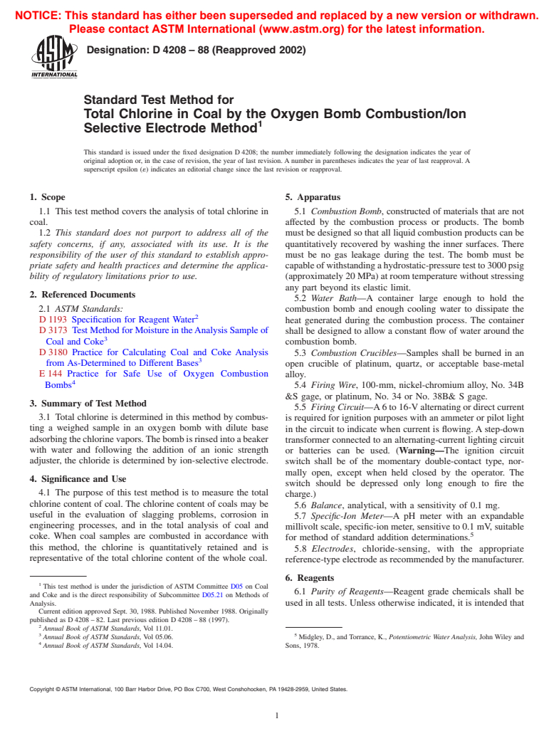 ASTM D4208-88(2002) - Standard Test Method for Total Chlorine in Coal by the Oxygen Bomb Combustion/Ion Selective Electrode Method