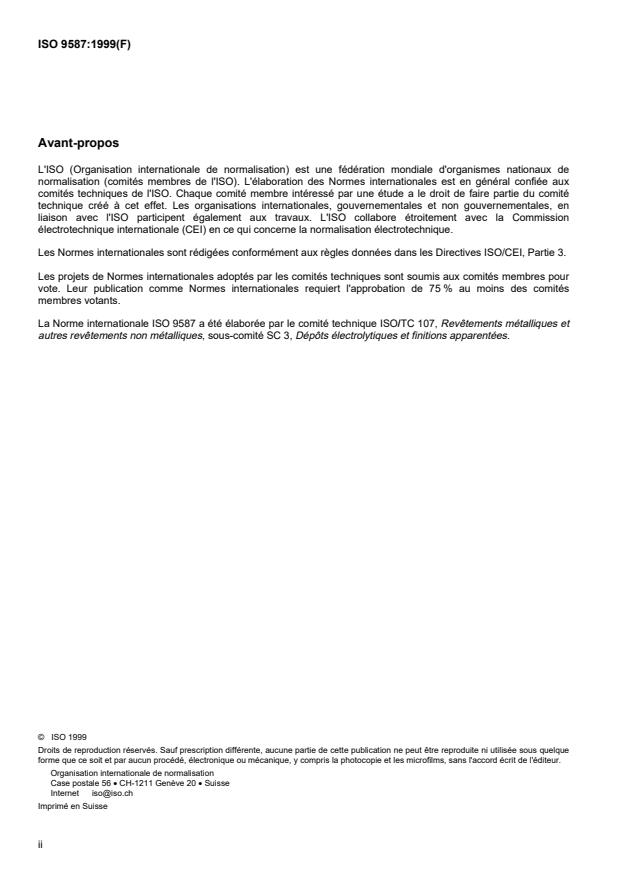 ISO 9587:1999 ISO 9587:1999 - Revetements métalliques et autres revetements inorganiques -- Prétraitements du fer ou de l'acier pour diminuer le risque de fragilisation par l'hydrogene - Page 2 preview