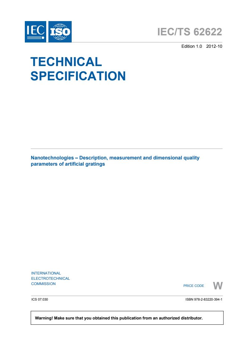 IEC TS 62622:2012 - Nanotechnologies - Description, measurement and dimensional quality parameters of artificial gratings
