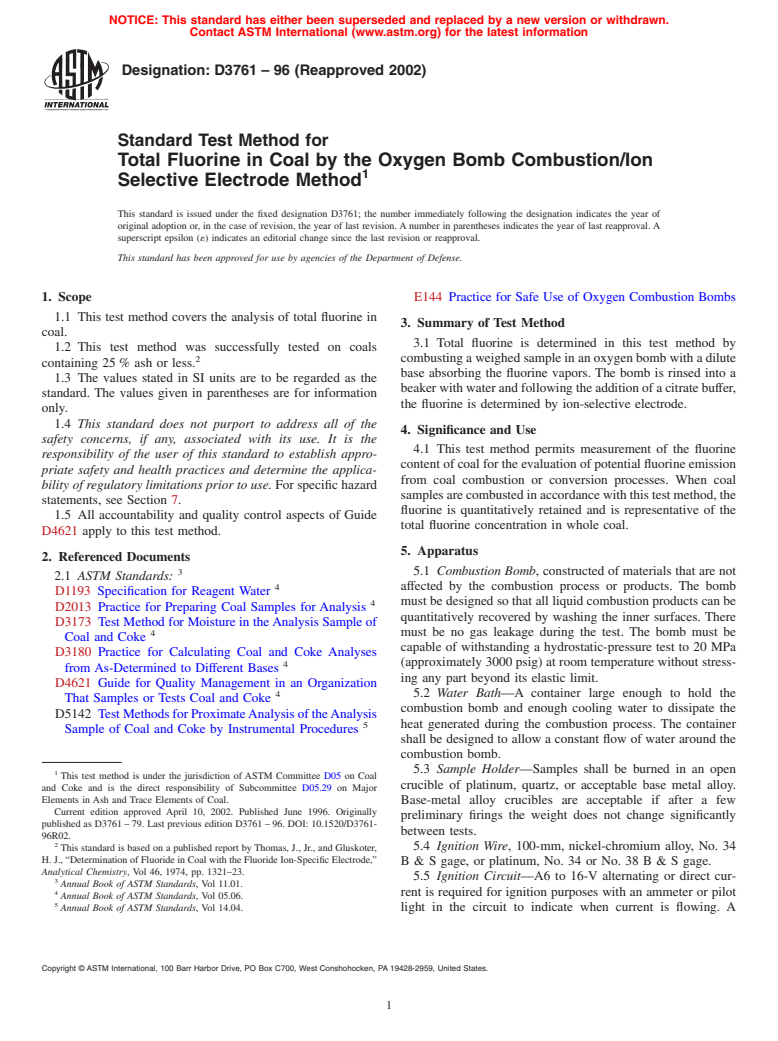 ASTM D3761-96(2002) - Standard Test Method for Total Fluorine in Coal by the Oxygen Bomb Combustion/Ion Selective Electrode Method