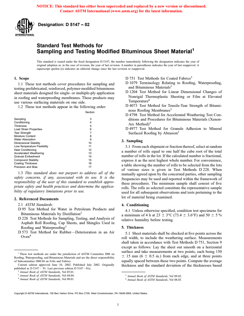 ASTM D5147-02 - Standard Test Methods for Sampling and Testing Modified Bituminous Sheet Material