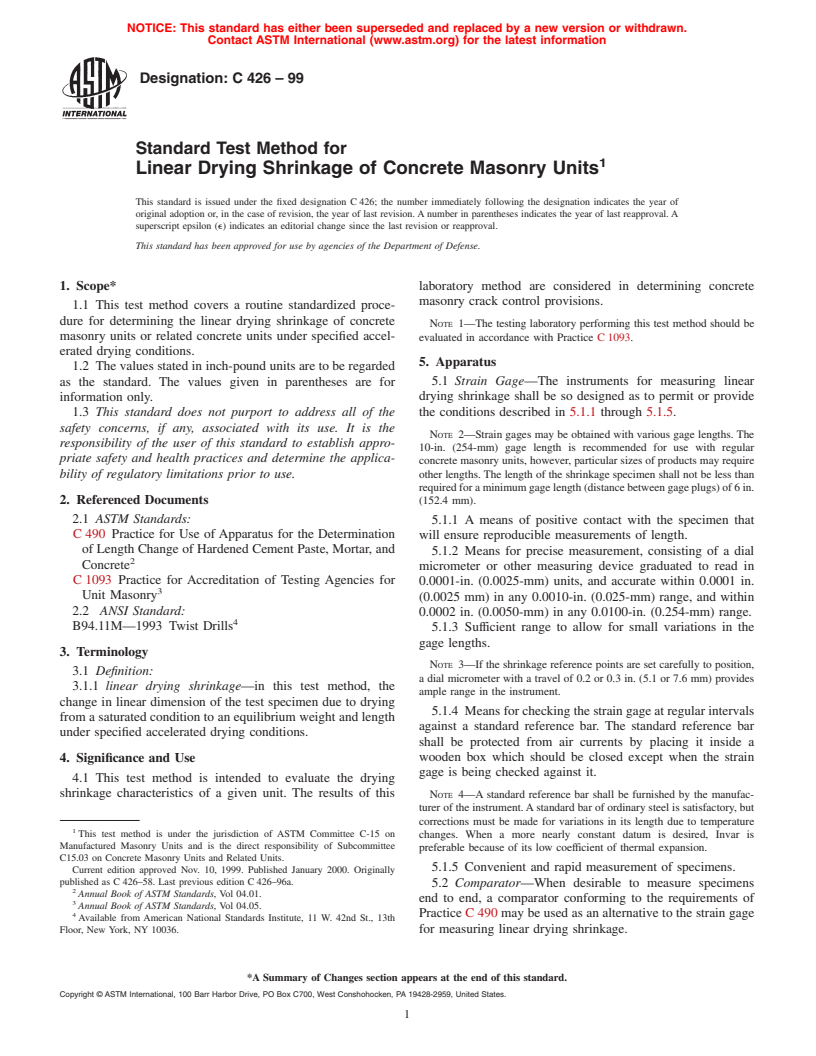 ASTM C426-99 - Standard Test Method for Linear Drying Shrinkage of Concrete Masonry Units