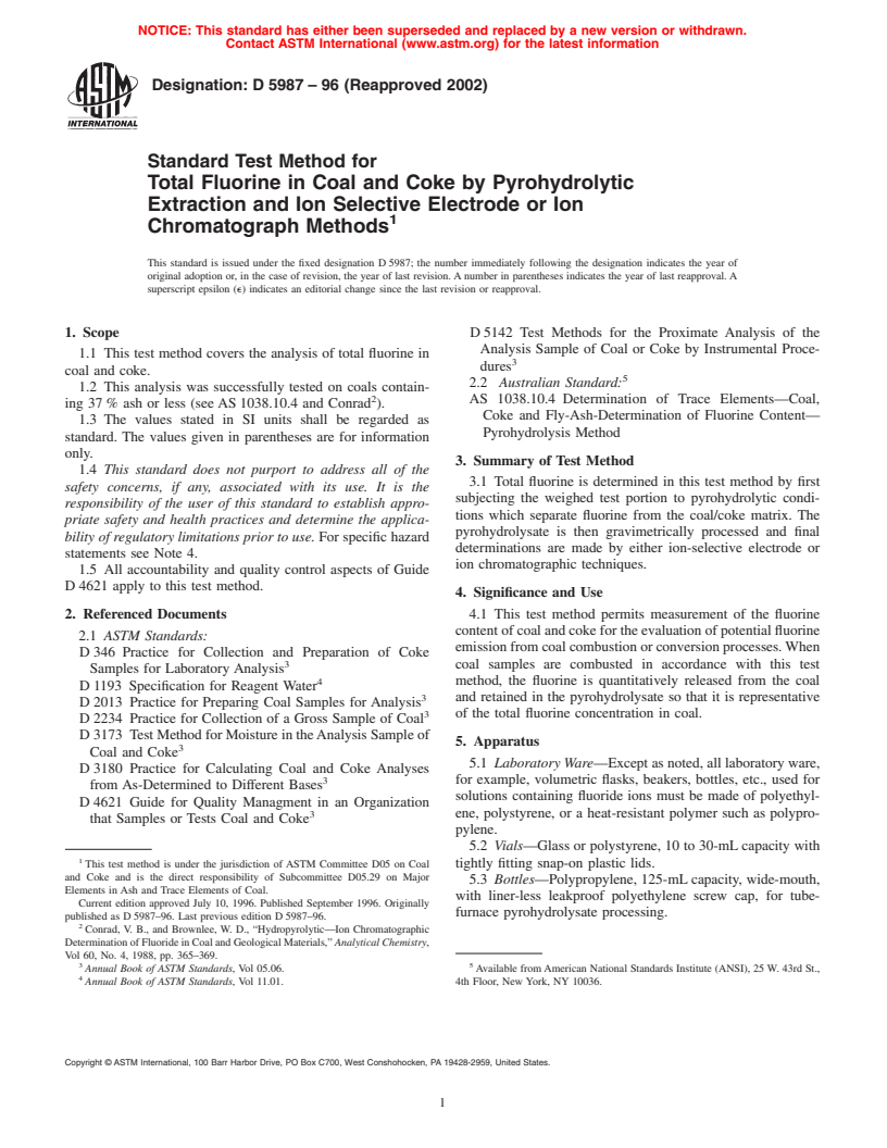 ASTM D5987-96(2002) - Standard Test Method for Total Fluorine in Coal and Coke by Pyrohydrolytic Extraction and Ion Selective Electrode or Ion Chromatograph Methods