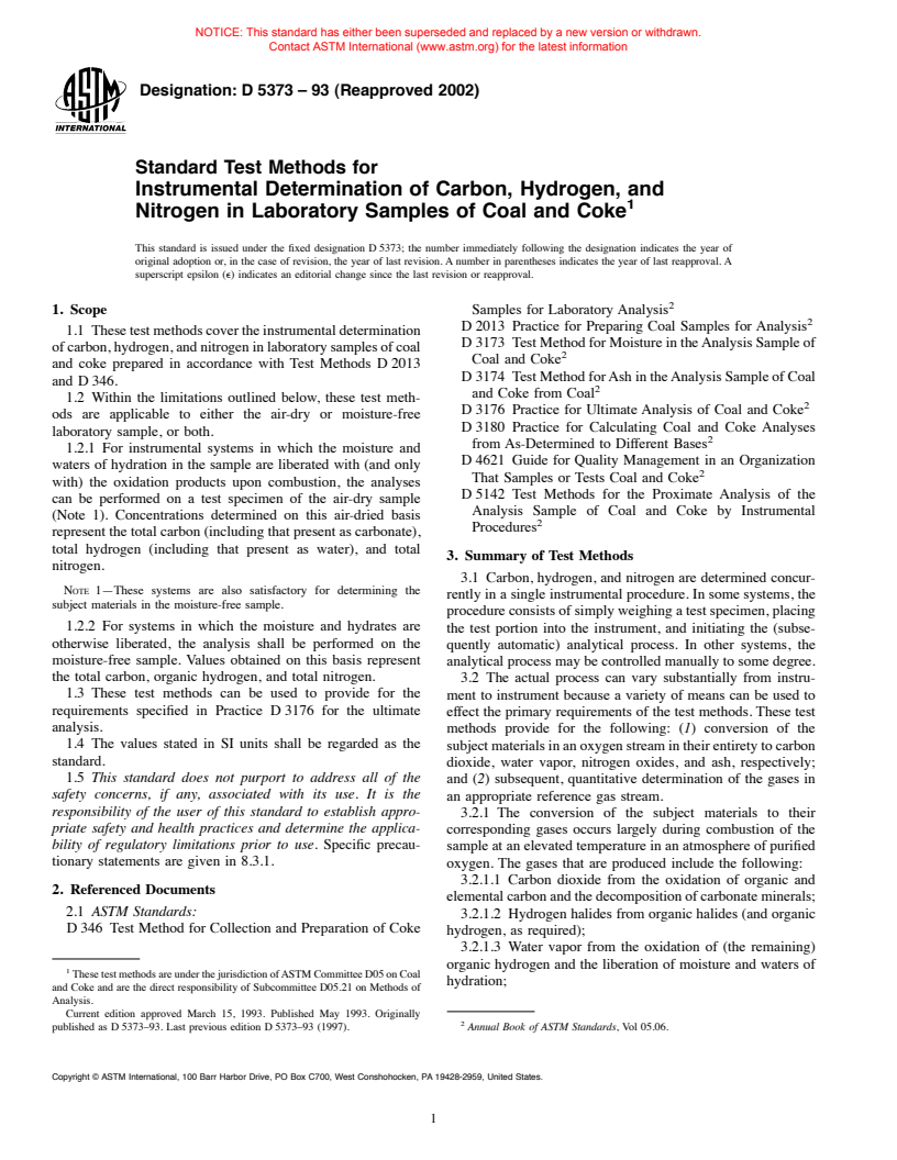 ASTM D5373-93(2002) - Standard Test Methods for Instrumental Determination of Carbon, Hydrogen, and Nitrogen in Laboratory Samples of Coal and Coke