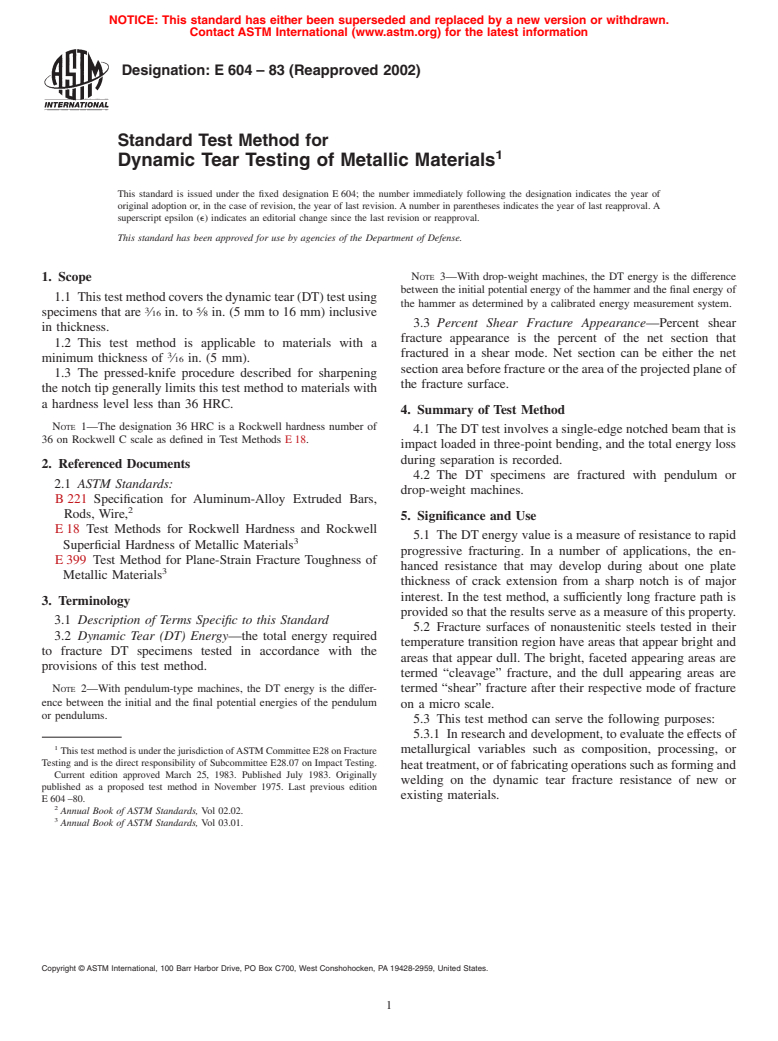 ASTM E604-83(2002) - Standard Test Method for Dynamic Tear Testing of Metallic Materials