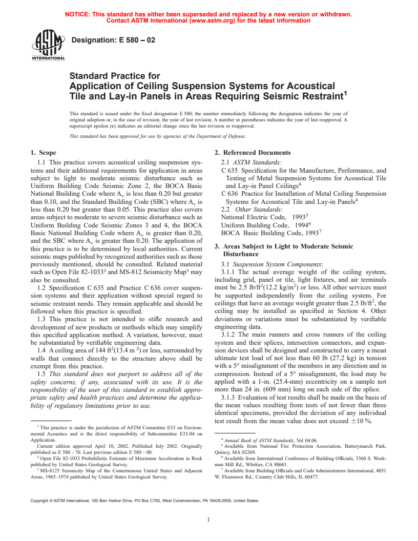 ASTM E580-02 - Standard Practice for Application of Ceiling Suspension Systems for Acoustical Tile and Lay-in Panels in Areas Requiring Moderate Seismic Restraint