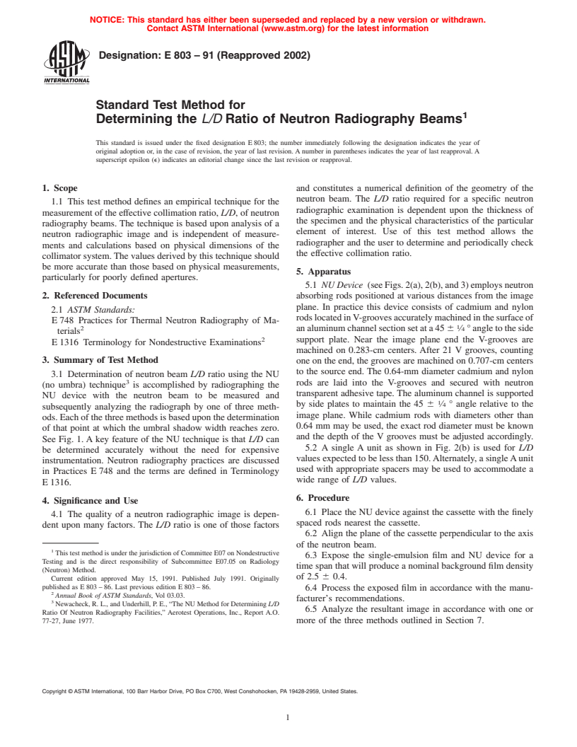 ASTM E803-91(2002) - Standard Test Method for Determining the L/D Ratio of Neutron Radiography Beams