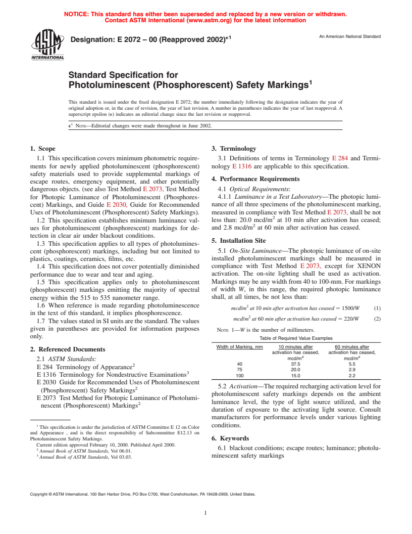 ASTM E2072-00(2002)e1 - Standard Specification for Photoluminescent (Phosphorescent) Safety Markings