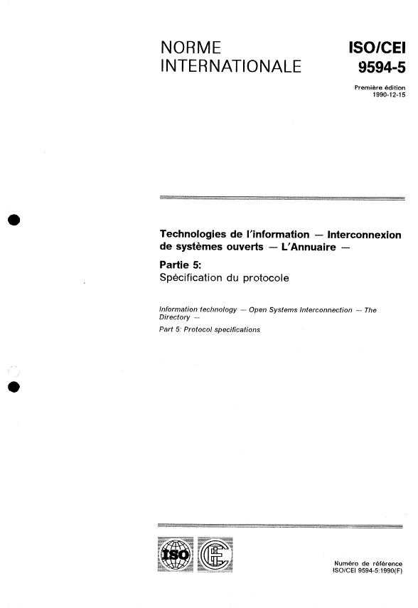 ISO/IEC 9594-5:1990 - Technologies de l'information -- Interconnexion de systemes ouverts -- L'Annuaire