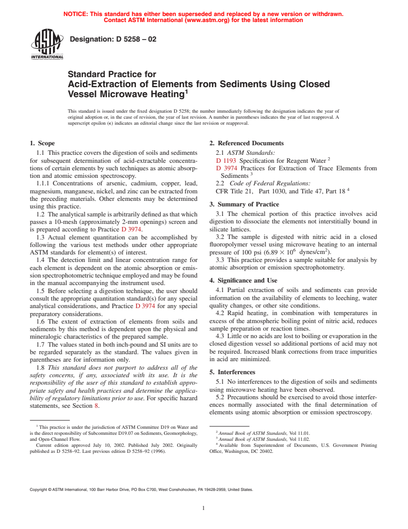 ASTM D5258-02 - Standard Practice for Acid-Extraction of Elements from Sediments Using Closed Vessel Microwave Heating