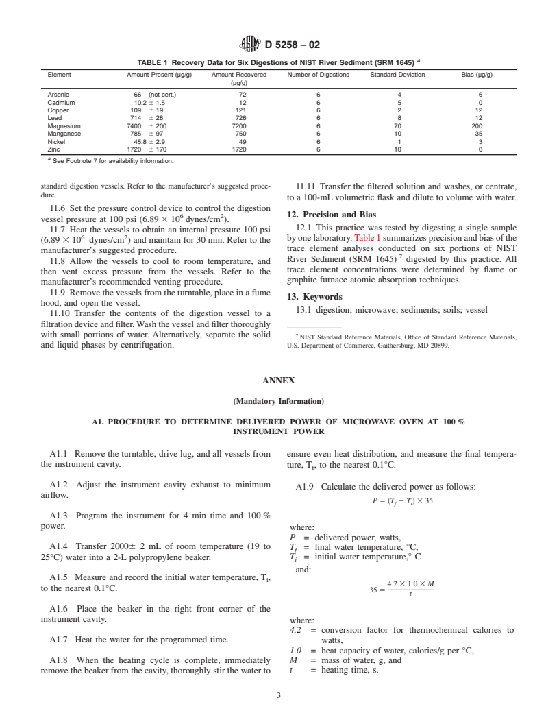 ASTM D5258-02 - Standard Practice for Acid-Extraction of Elements from Sediments Using Closed Vessel Microwave Heating