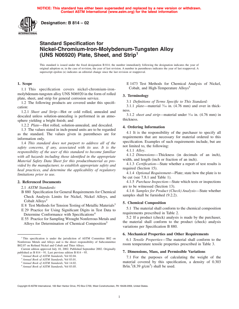 ASTM B814-02 - Standard Specification for Nickel-Chromium-Iron-Molybdenum-Tungsten Alloy (UNS N06920) Plate, Sheet,     and Strip