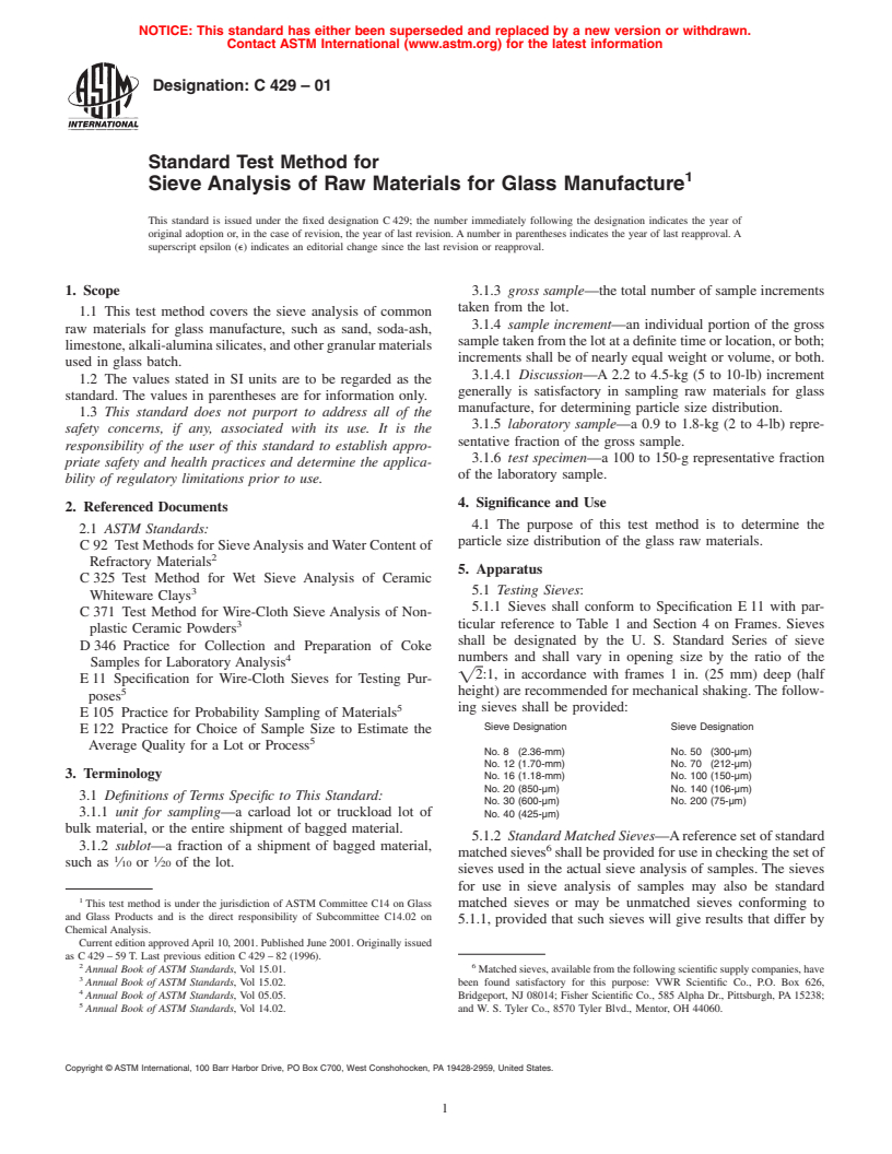 ASTM C429-01 - Standard Test Method for Sieve Analysis of Raw Materials for Glass Manufacture