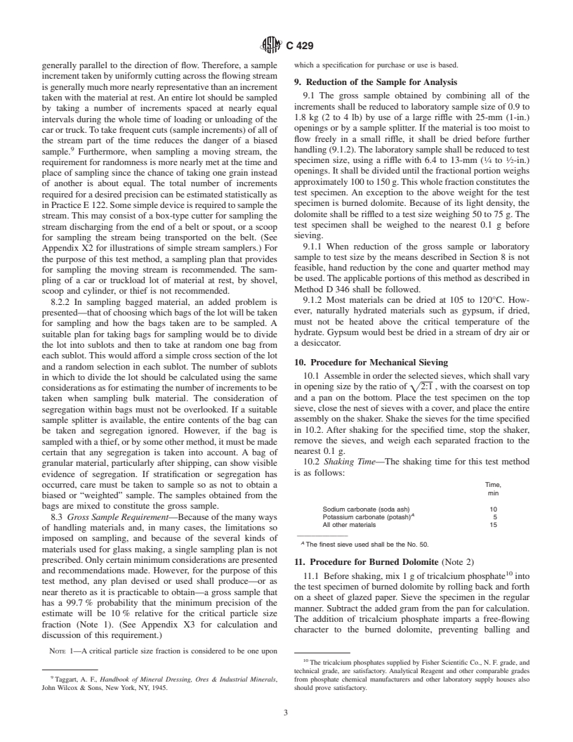 ASTM C429-01 - Standard Test Method for Sieve Analysis of Raw Materials for Glass Manufacture