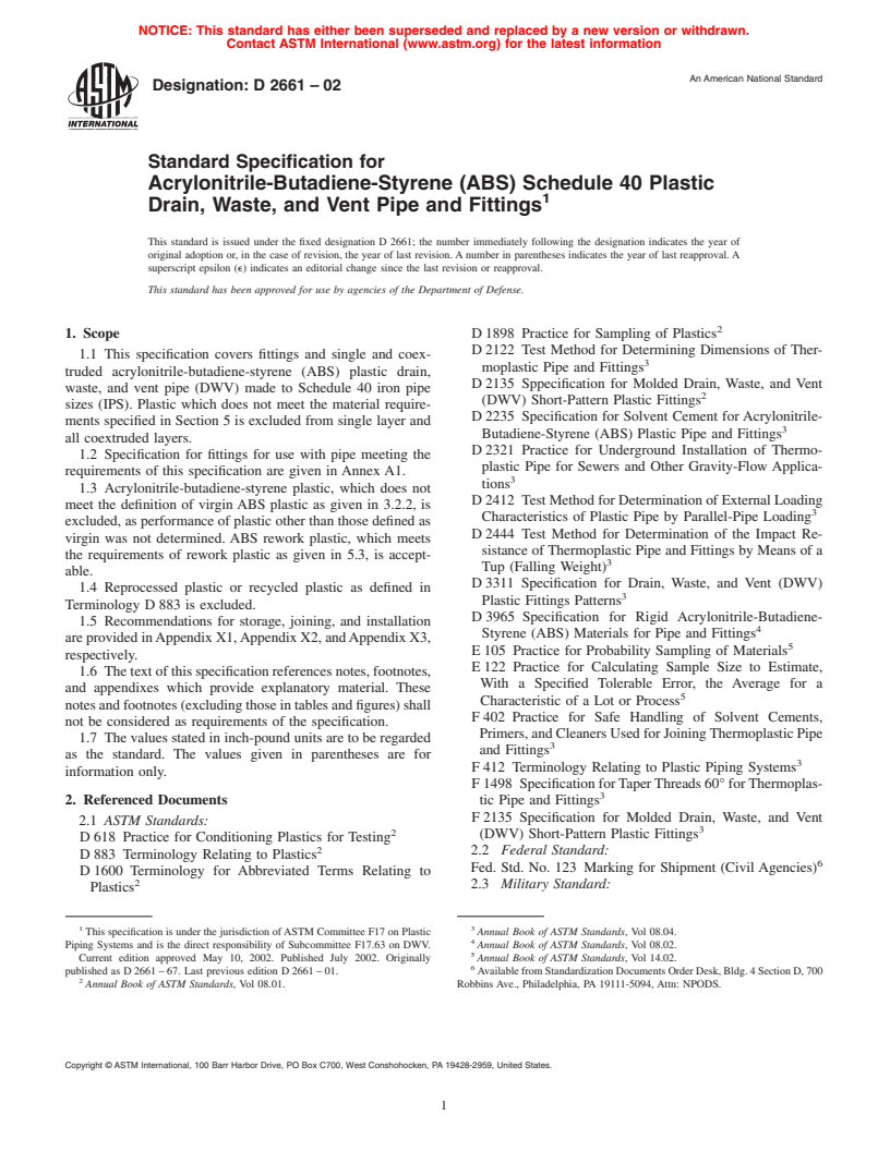 ASTM D2661-02 - Standard Specification for Acrylonitrile-Butadiene-Styrene (ABS) Schedule 40 Plastic Drain, Waste, and Vent Pipe and Fittings