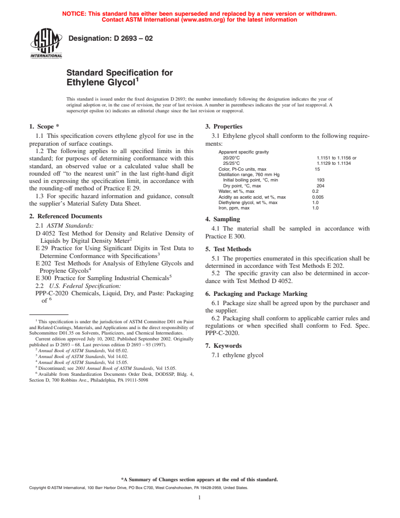 ASTM D2693-02 - Standard Specification for Ethylene Glycol