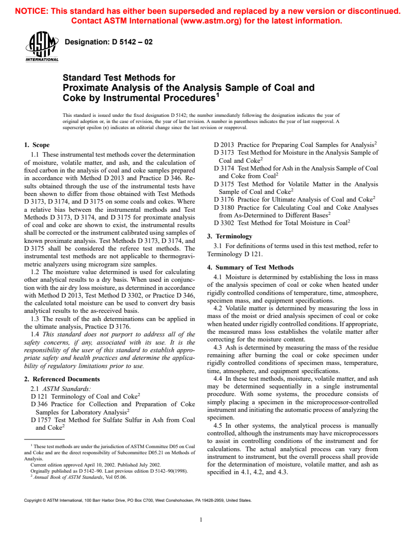 ASTM D5142-02 - Standard Test Methods for Proximate Analysis of the Analysis Sample of Coal and Coke by Instrumental Procedures