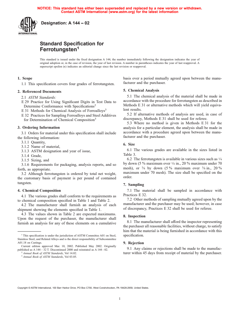 ASTM A144-02 - Specification for Ferrotungsten