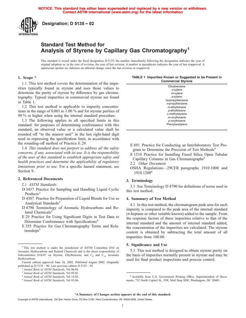 ASTM D5135-02 - Standard Test Method for Analysis of Styrene by Capillary Gas Chromatography