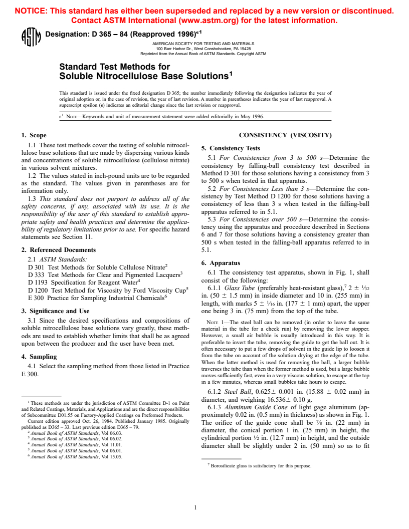 ASTM D365-84(1996)e1 - Standard Test Methods for Soluble Nitrocellulose Base Solutions