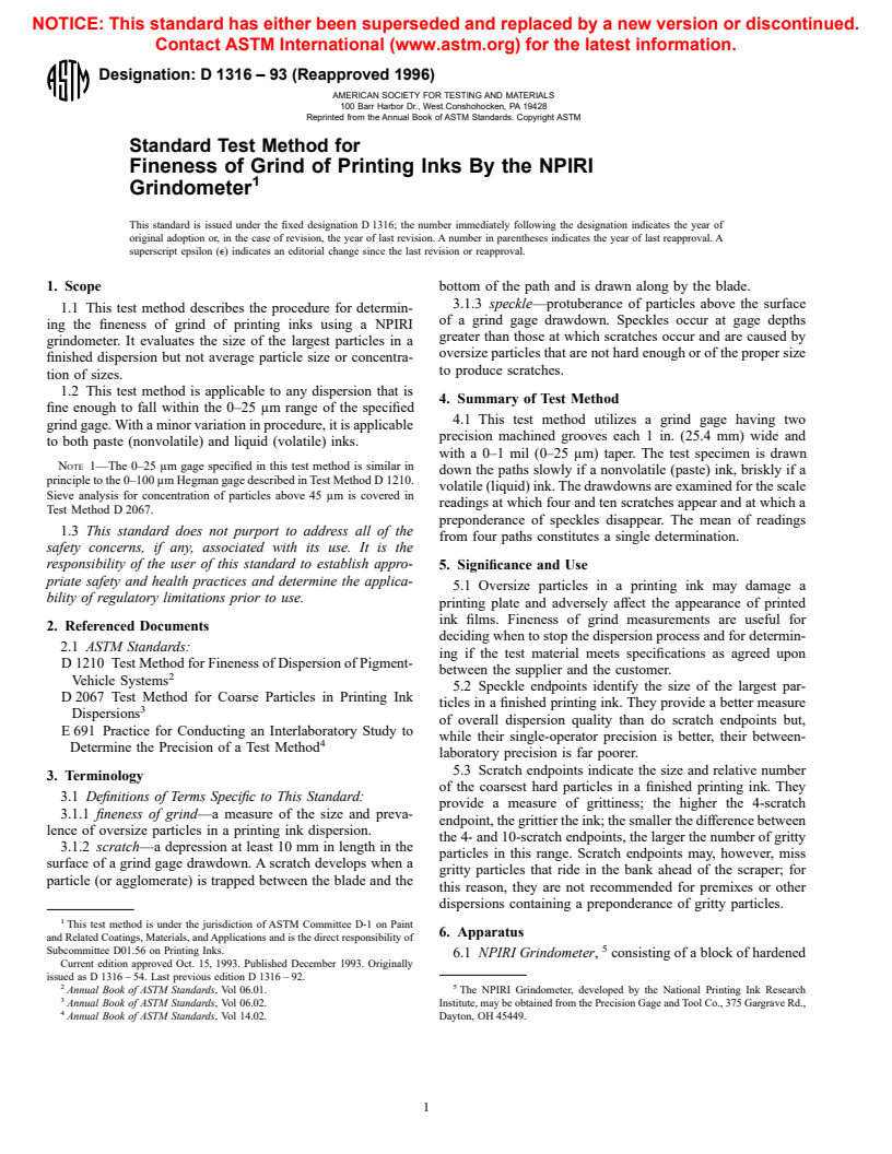 ASTM D1316-93(1996) - Standard Test Method for Fineness of Grind of Printing Inks By the NPIRI Grindometer