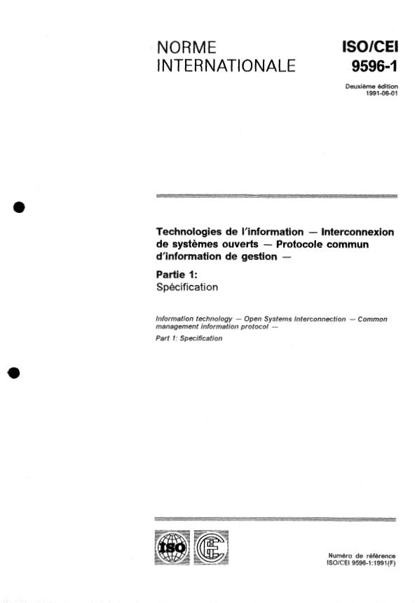 ISO/IEC 9596-1:1991 - Technologies de l'information -- Interconnexion de systemes ouverts -- Protocole commun d'information de gestion