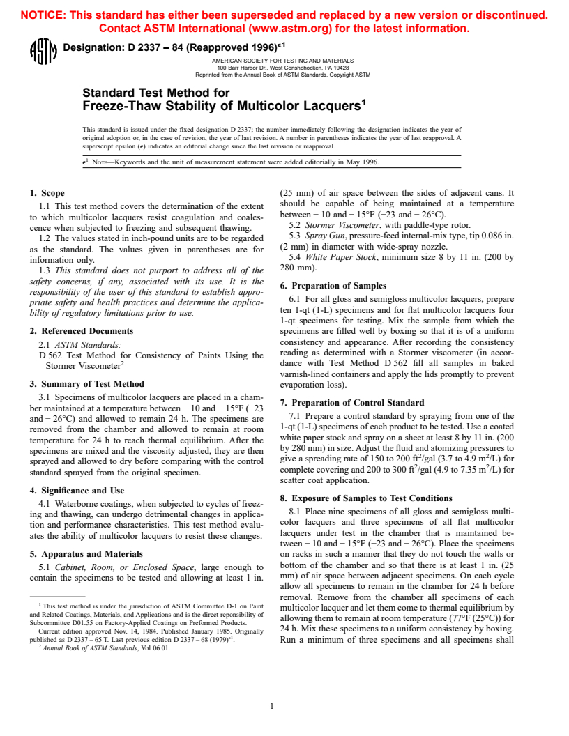 ASTM D2337-84(1996)e1 - Standard Test Method for Freeze-Thaw Stability of Multicolor Lacquers