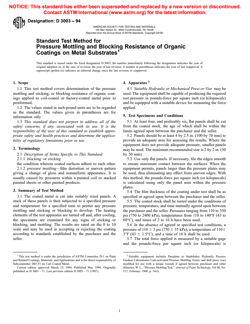 ASTM D3003-94 - Standard Test Method for Pressure Mottling and Blocking Resistance of Organic Coatings on Metal Substrates