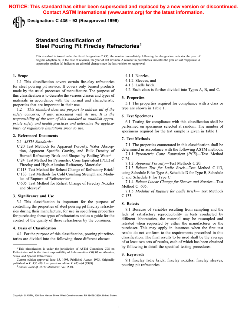 ASTM C435-93(1999) - Standard Classification of Steel Pouring Pit Fireclay Refractories (Withdrawn 2001)