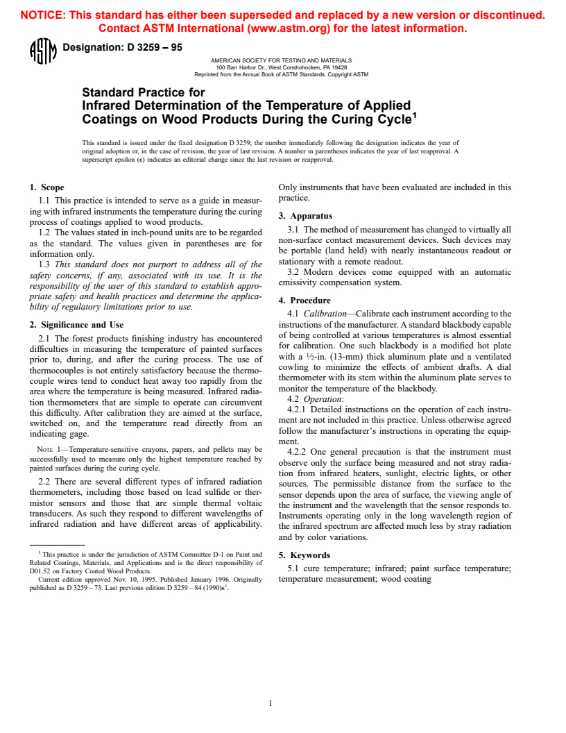 ASTM D3259-95 - Standard Practice for Infrared Determination of the Temperature of Applied Coatings on Wood Products During the Curing Cycle