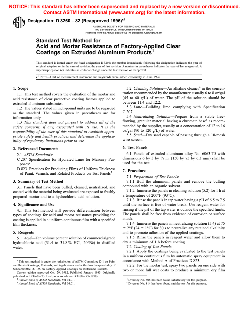 ASTM D3260-82(1996)e1 - Standard Test Method for Acid and Mortar Resistance of Factory-Applied Clear Coatings on Extruded Aluminum Products