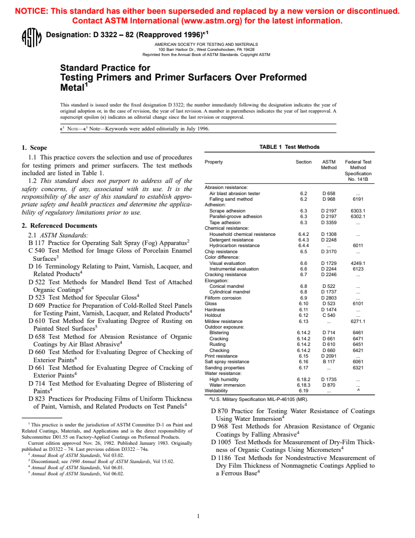 ASTM D3322-82(1996)e1 - Standard Practice for Testing Primers and Primer Surfacers Over Preformed Metal