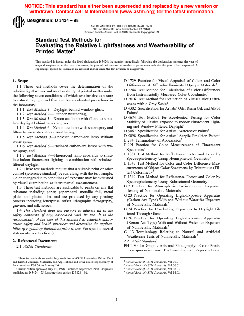 ASTM D3424-98 - Standard Test Methods for Evaluating the Relative Lightfastness and Weatherability of Printed Matter