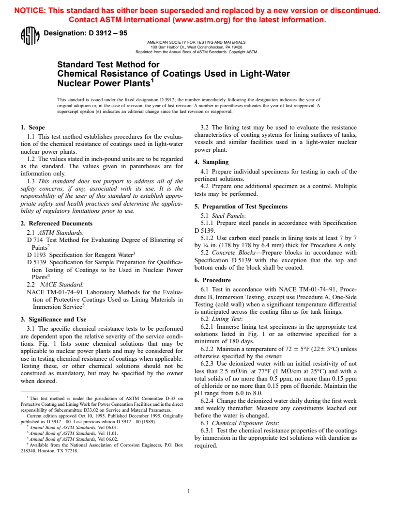 ASTM D3912-95 - Standard Test Method for Chemical Resistance of Coatings Used in Light-Water Nuclear Power Plants
