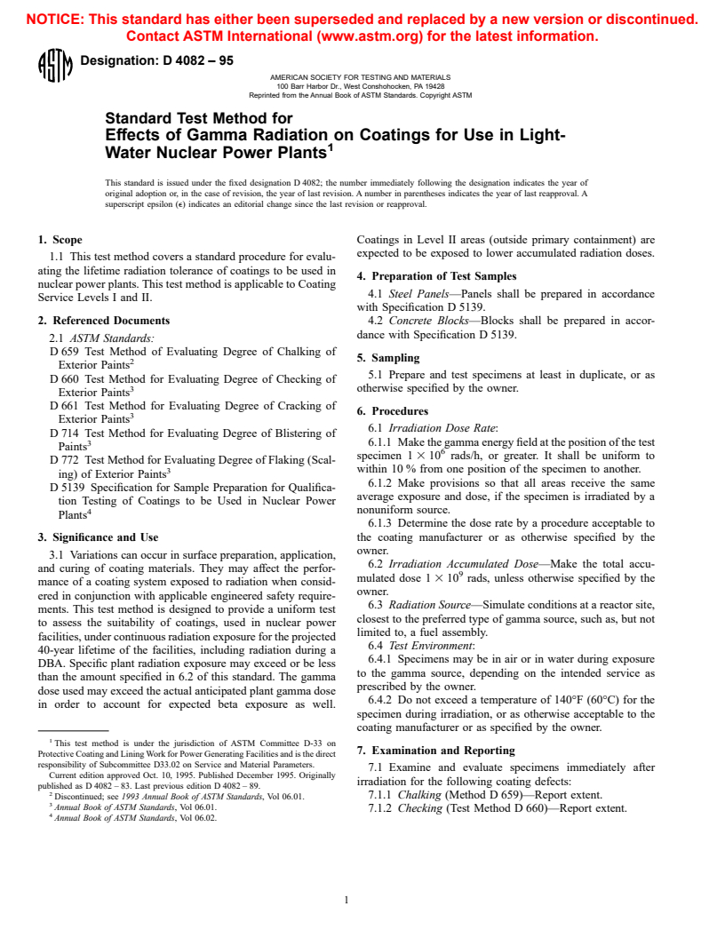 ASTM D4082-95 - Standard Test Method for Effects of Gamma Radiation on Coatings for Use in Light-Water Nuclear Power Plants