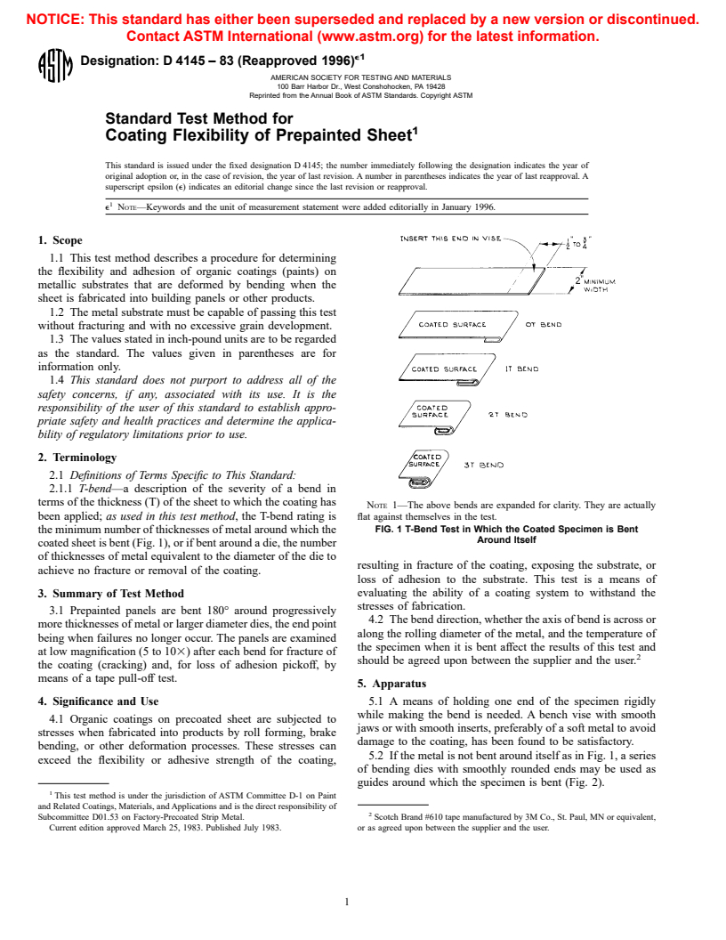 ASTM D4145-83(1996)e1 - Standard Test Method for Coating Flexibility of Prepainted Sheet