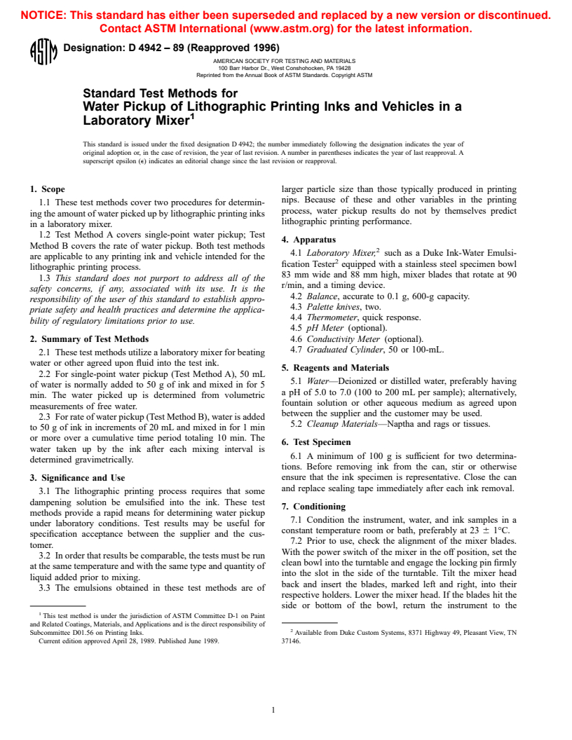 ASTM D4942-89(1996) - Standard Test Methods for Water Pickup of Lithographic Printing Inks and Vehicles in a Laboratory Mixer