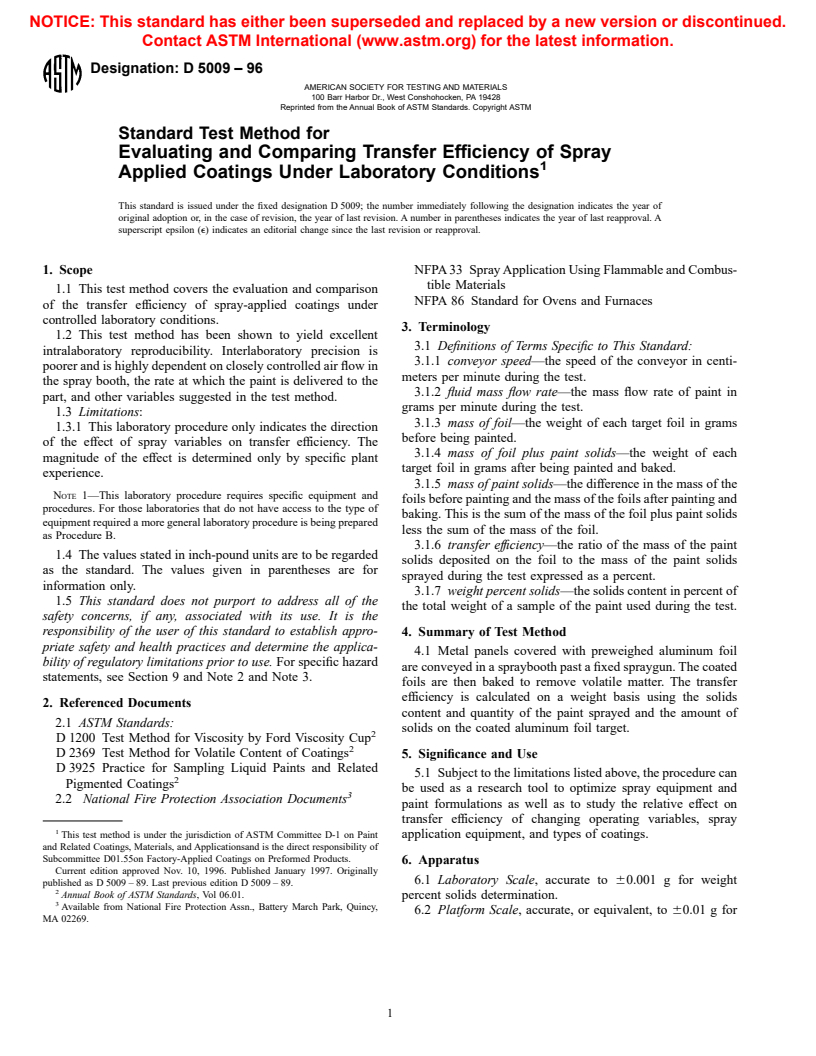 ASTM D5009-96 - Standard Test Method for Evaluating and Comparing Transfer Efficiency of Spray Applied Coatings Under Laboratory Conditions