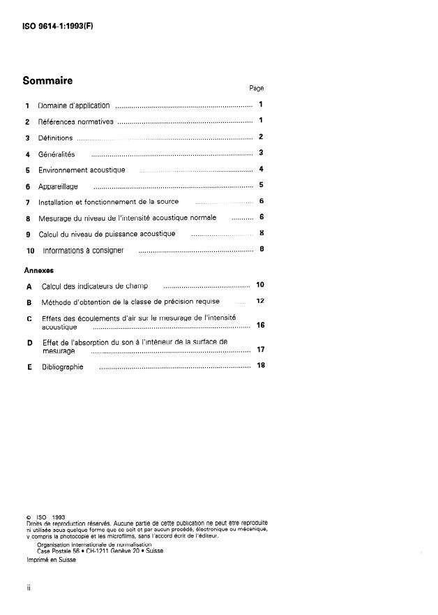 ISO 9614-1:1993 ISO 9614-1:1993 - Acoustique -- Détermination par intensimétrie des niveaux de puissance acoustique émis par les sources de bruit - Page 2 preview