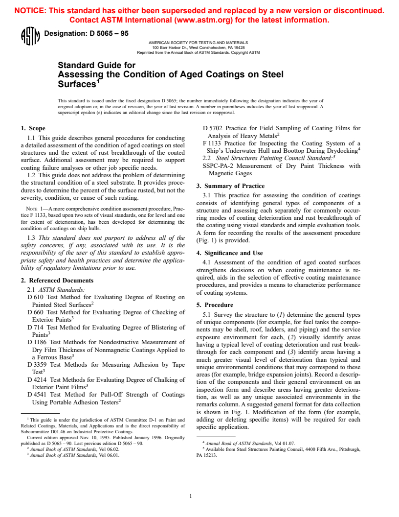 ASTM D5065-95 - Standard Guide for Assessing the Condition of Aged Coatings on Steel Surfaces