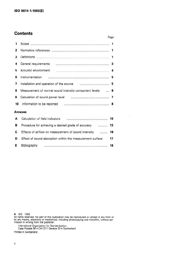 ISO 9614-1:1993 ISO 9614-1:1993 - Acoustics -- Determination of sound power levels of noise sources using sound intensity - Page 2 preview