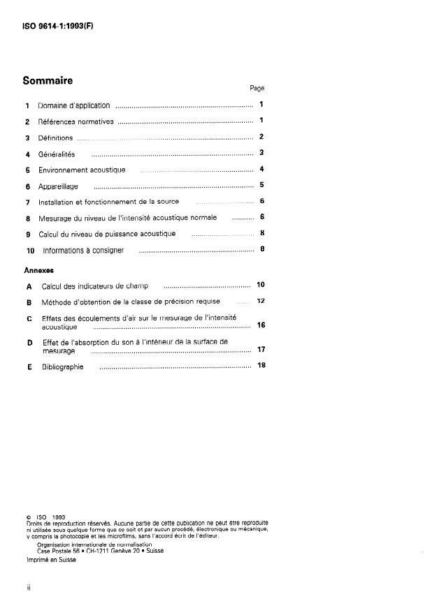 ISO 9614-1:1993 ISO 9614-1:1993 - Acoustique -- Détermination par intensimétrie des niveaux de puissance acoustique émis par les sources de bruit - Page 2 preview
