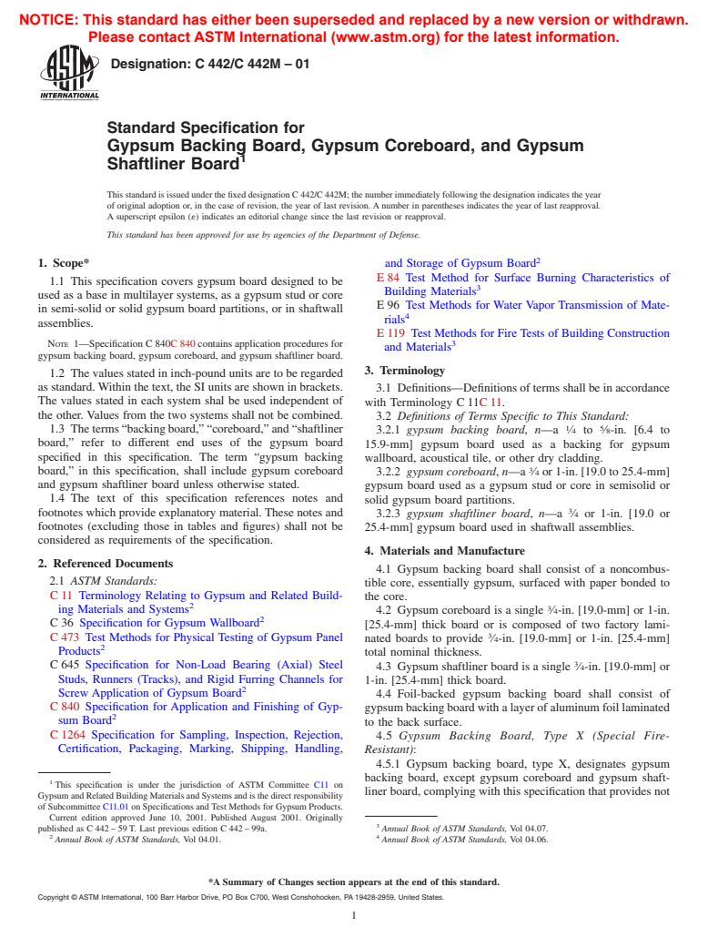 ASTM C442/C442M-01 - Standard Specification for Gypsum Backing Board, Gypsum Coreboard, and Gypsum Shaftliner Board