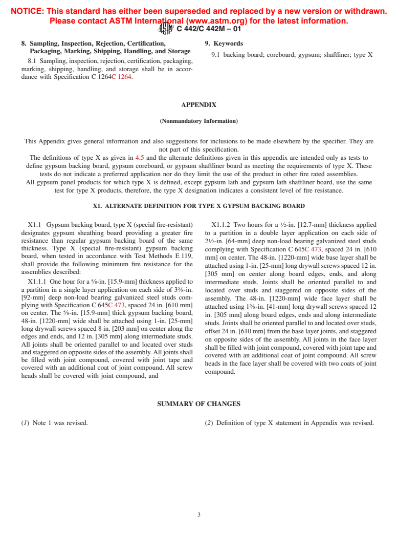 ASTM C442/C442M-01 - Standard Specification for Gypsum Backing Board, Gypsum Coreboard, and Gypsum Shaftliner Board