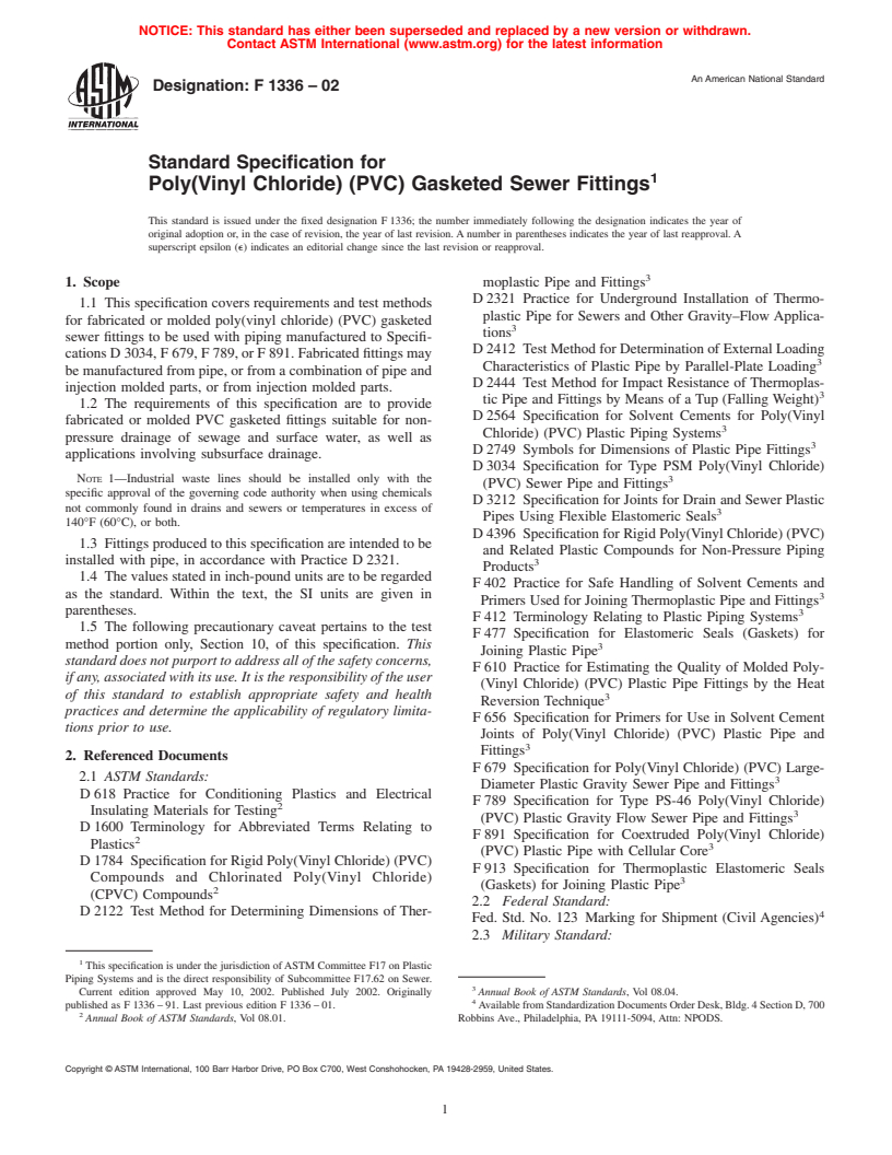 ASTM F1336-02 - Standard Specification for Poly(Vinyl Chloride) (PVC) Gasketed Sewer Fittings