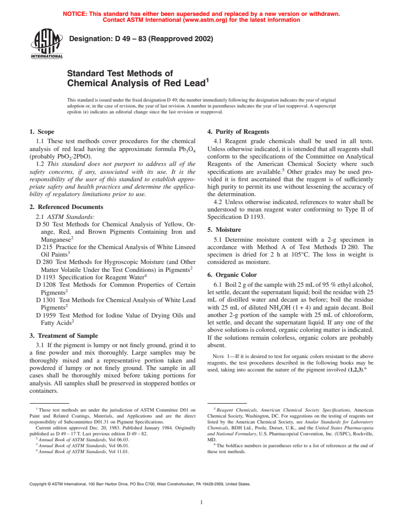 ASTM D49-83(2002) - Standard Test Methods of Chemical Analysis of Red Lead
