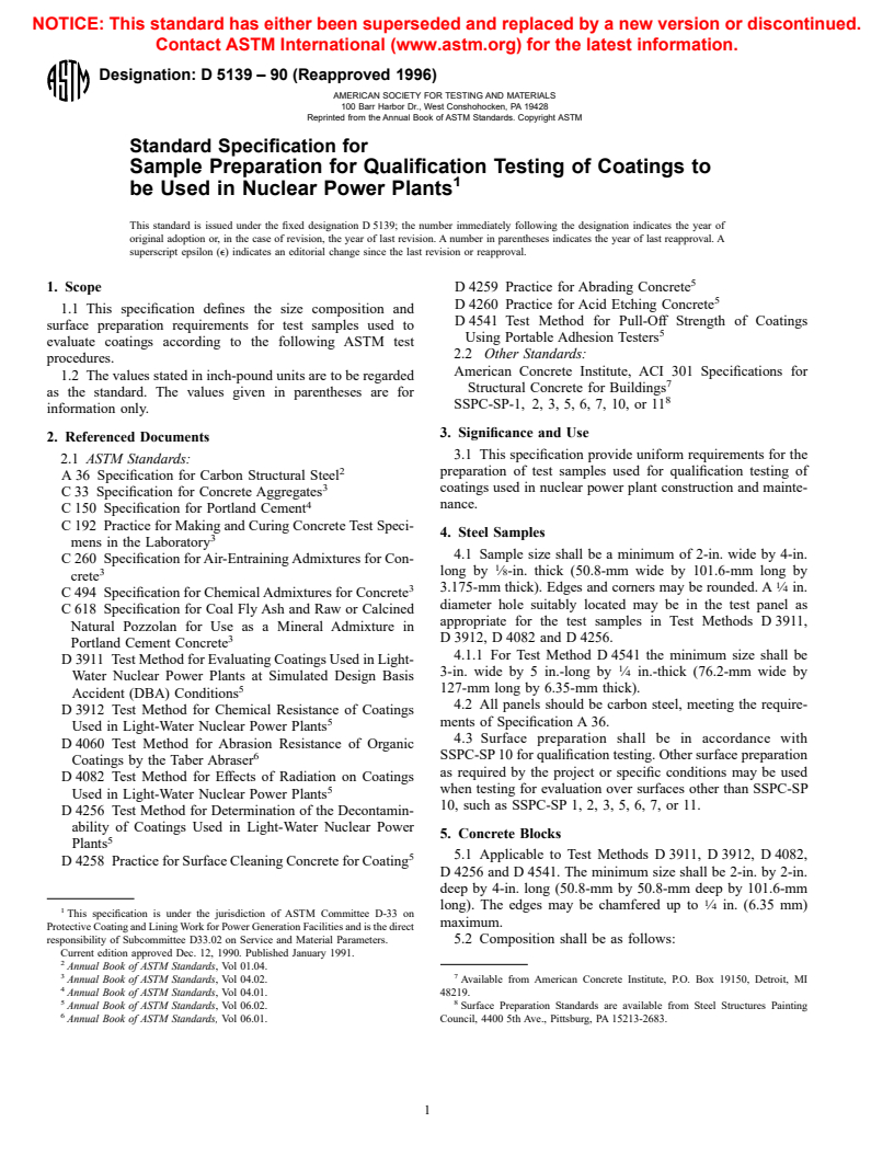 ASTM D5139-90(1996) - Standard Specification for Sample Preparation for Qualification Testing of Coatings to be Used in Nuclear Power Plants