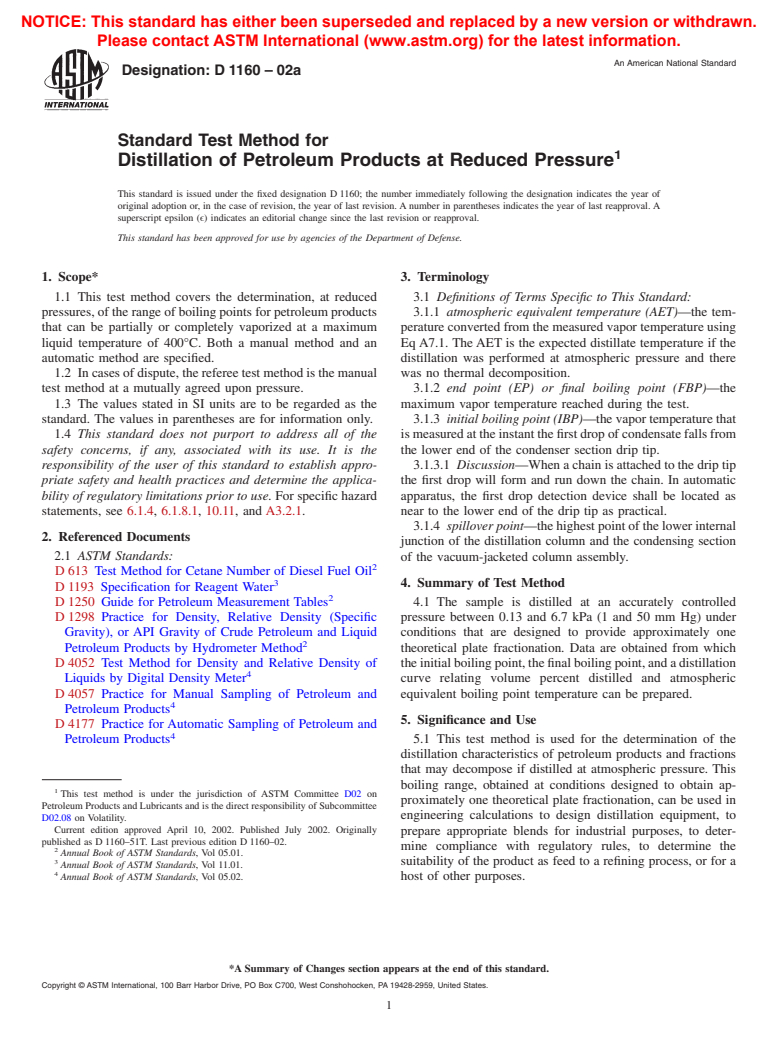 ASTM D1160-02a - Standard Test Method for Distillation of Petroleum Products at Reduced Pressure